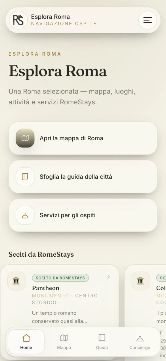 Schermata app ospiti RomeStays: Esplora Roma