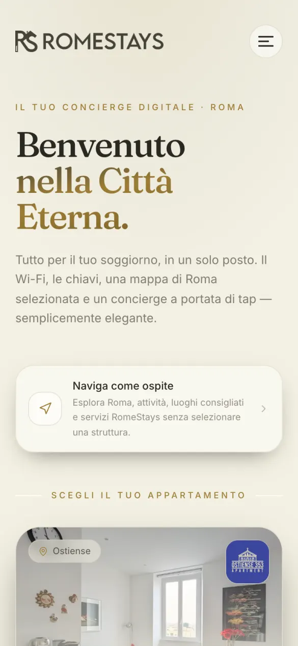Schermata app ospiti RomeStays: Benvenuto