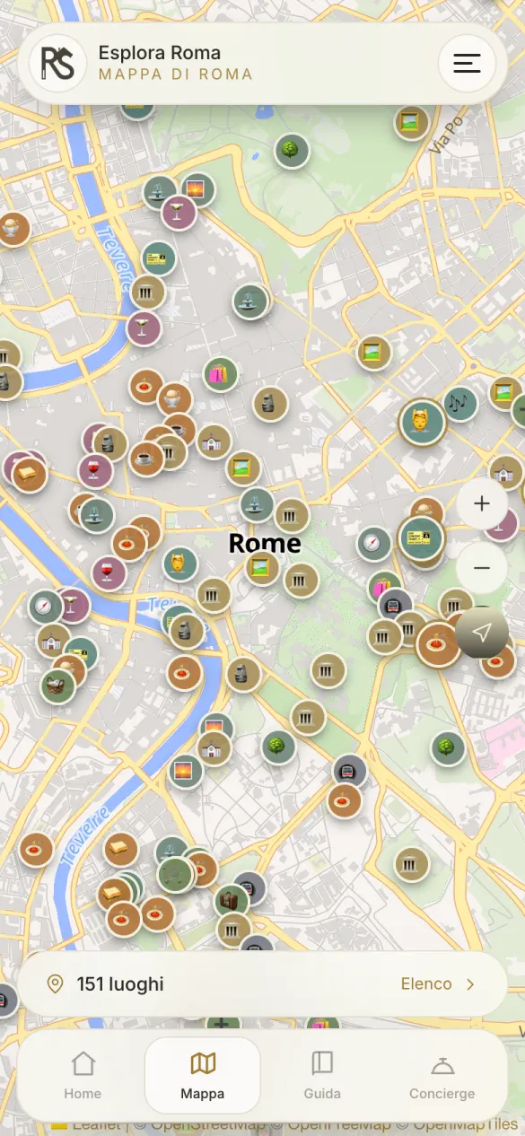 Schermata app ospiti RomeStays: Mappa con 151 luoghi