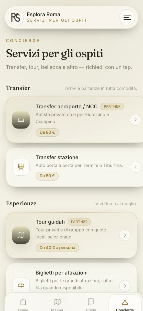 Schermata app ospiti RomeStays: Servizi e transfer